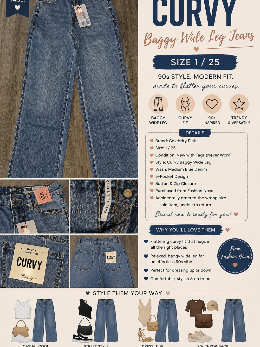 Celebrity Pink Curvy Baggy Wide Leg Jeans - Medium Blue